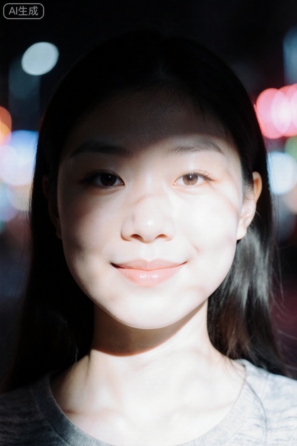 An atmospheric portrait of a modern night scene, a Chinese girl, the neon cold light of the city swipes across her face, partial light and shadow brighten her facial features, a close-up shot, slightly raised lips, eyes smiling, relaxed and happy state, the neon lights of the city night market in the background with blurred spots, soft transition of light and shadow colors, retaining the natural details of the skin, sense of atmosphere: neon atmosphere, lens 35mm fixed focus, aperture f/1.8, shutter 1/60s, ISO800, cool white balance, spot blur