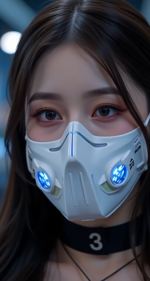 Create a realistic scene of a 1girl solo blue eyes black hair close-up realistic glowing mouth mask realistic ,  add more...