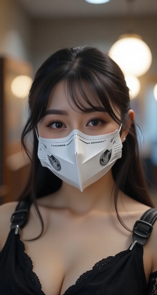 Create a realistic scene of a 1girl solo looking at viewer black hair blurry blurry background portrait mouth mask ,  add...