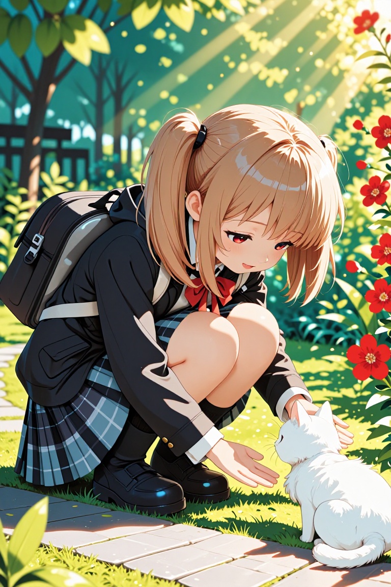 A young girl with light brown hair tied in twin tails crouches beside a small white cat in a lush green garden. She wears...