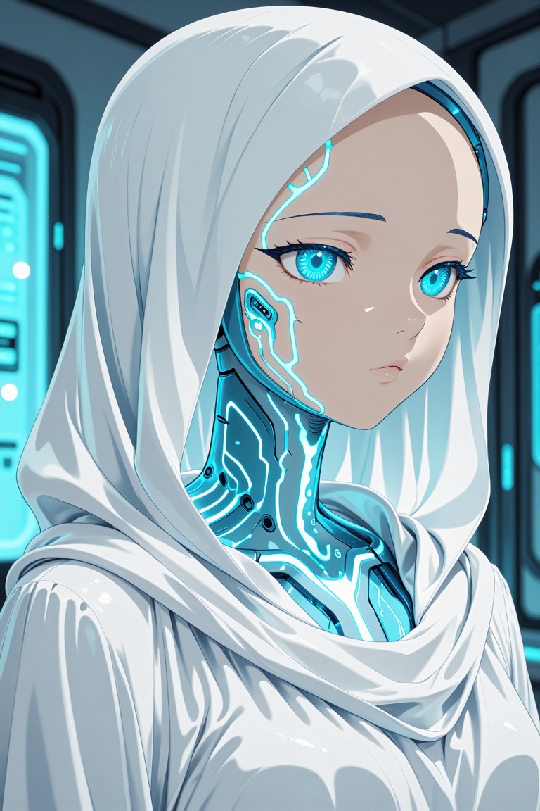 A futuristic humanoid figure with porcelain-white skin and glowing cyan-blue eyes,  their face partially exposed to reveal...