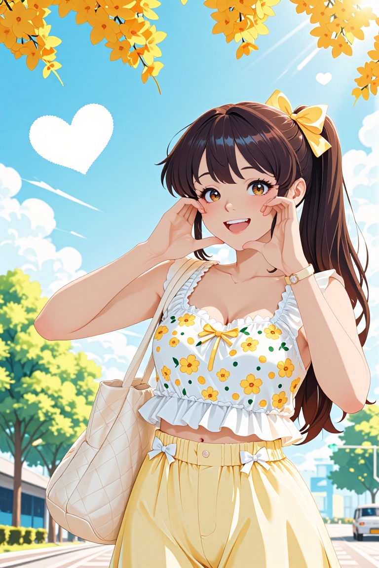 A cheerful young Southeast Asian woman with long dark brown hair tied in a high ponytail,  adorned with a large pale yello...