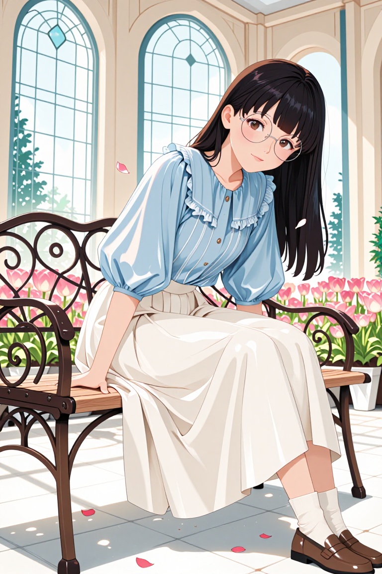 A young woman with long dark hair and round glasses leans playfully against a vintage wrought-iron bench in a sunlit blue-...