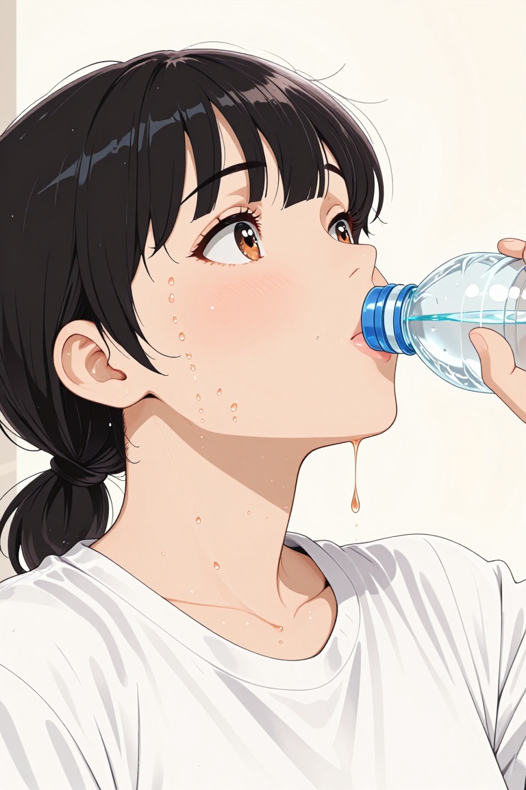 A close-up shot of a young woman drinking from a clear plastic water bottle. Her dark hair is tied back in a loose ponytai...