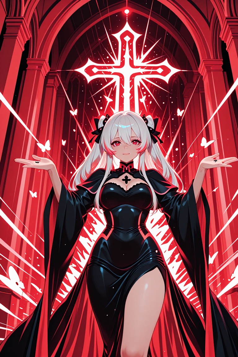 A woman with platinum blonde hair styled in twin tails stands centered under a towering gothic archway. Behind her,  a mas...
