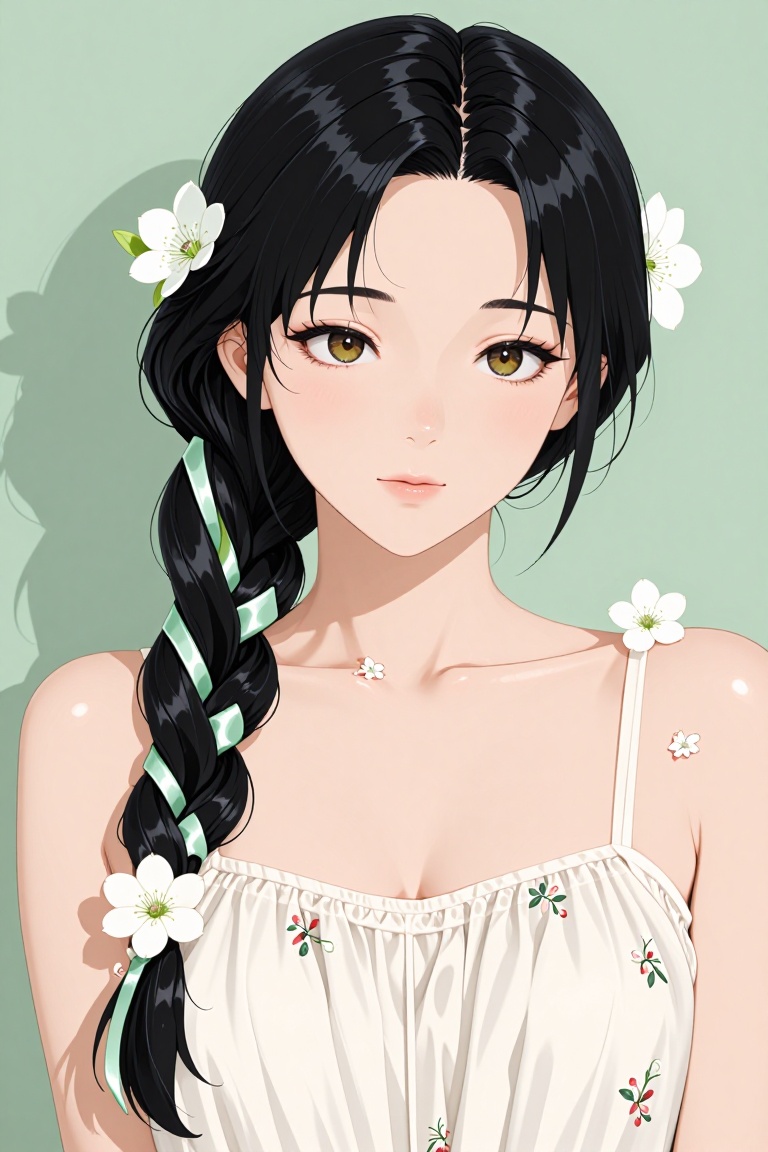 A young East Asian woman with long,  glossy black hair styled in a side braid,  adorned with fresh white flowers and light...