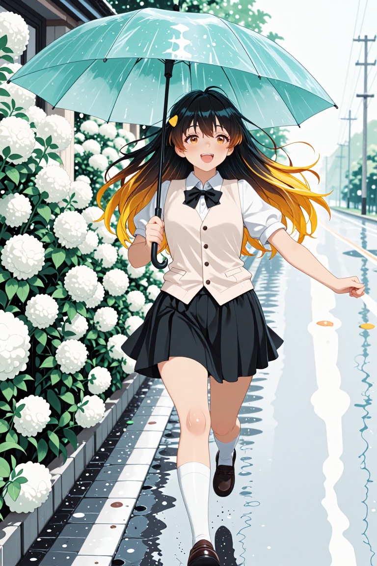 A young woman with long wavy hair streaked with golden highlights runs lightly through a rainy street lined with blooming...