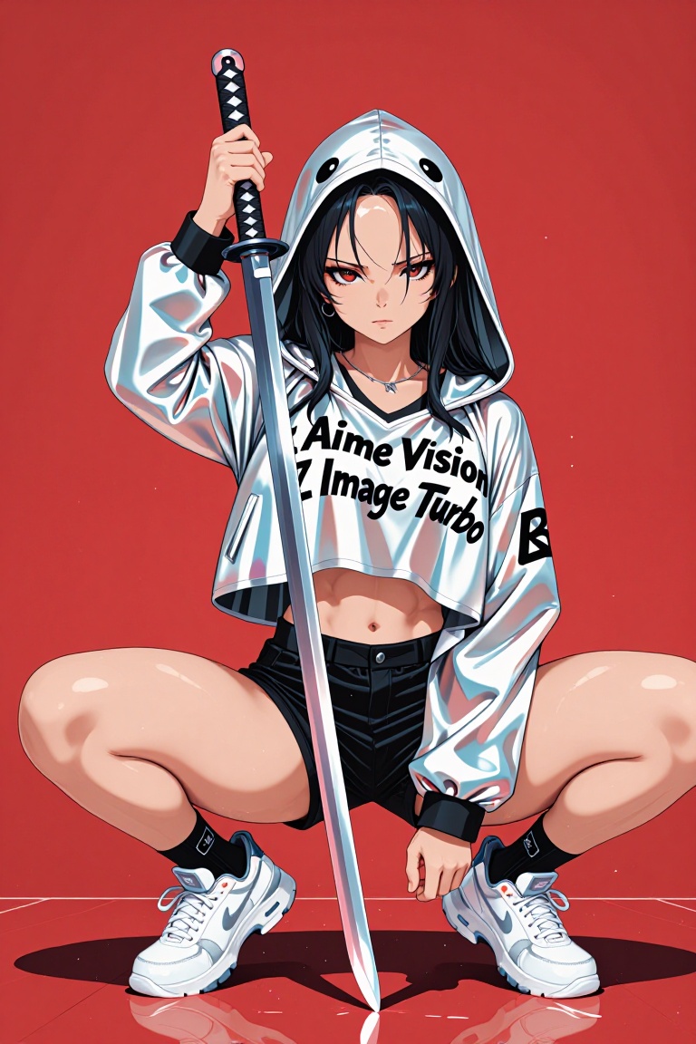 She crouches low against a blazing blood-red studio backdrop,  holding a gleaming katana vertically between her legs — bla...