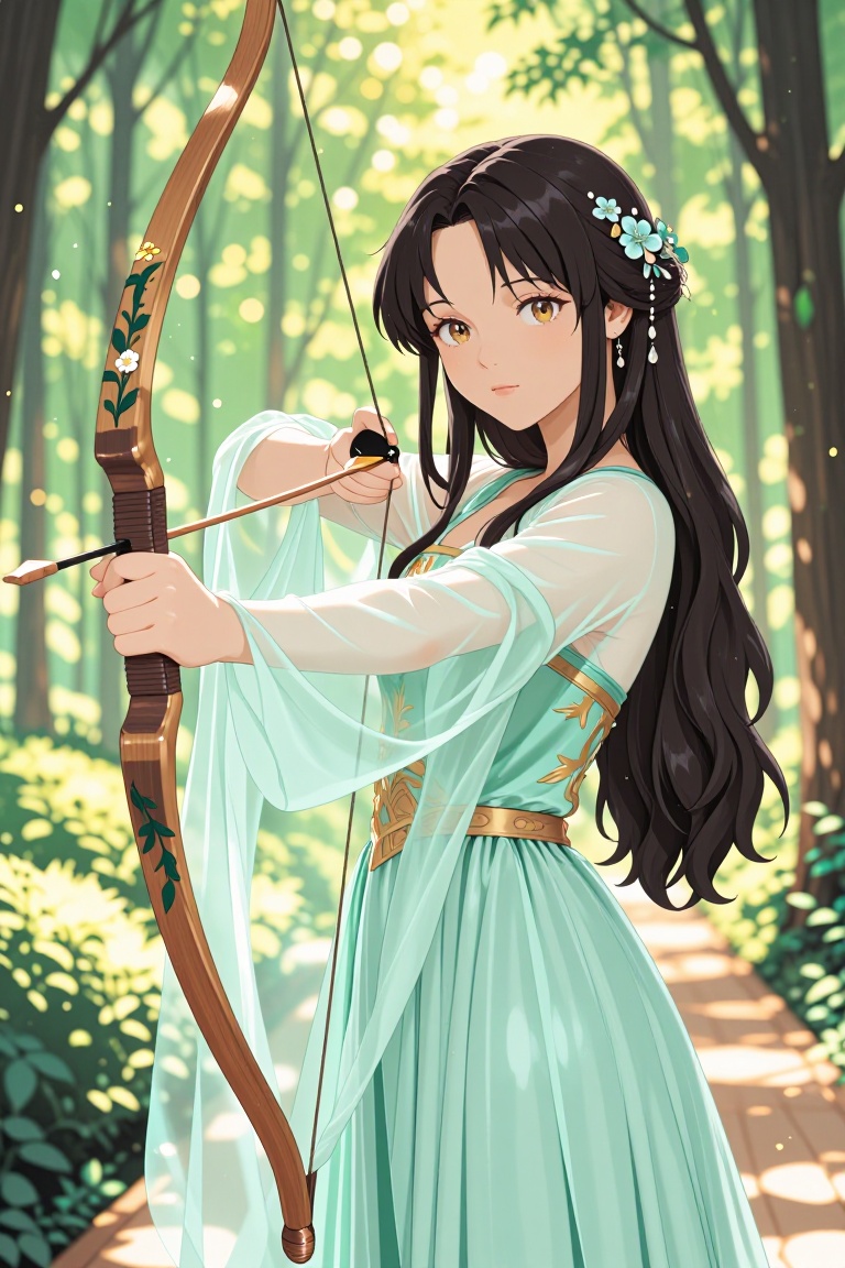 A young woman with long dark wavy hair stands in a sun-dappled forest,  drawing a wooden bow adorned with climbing flowers...