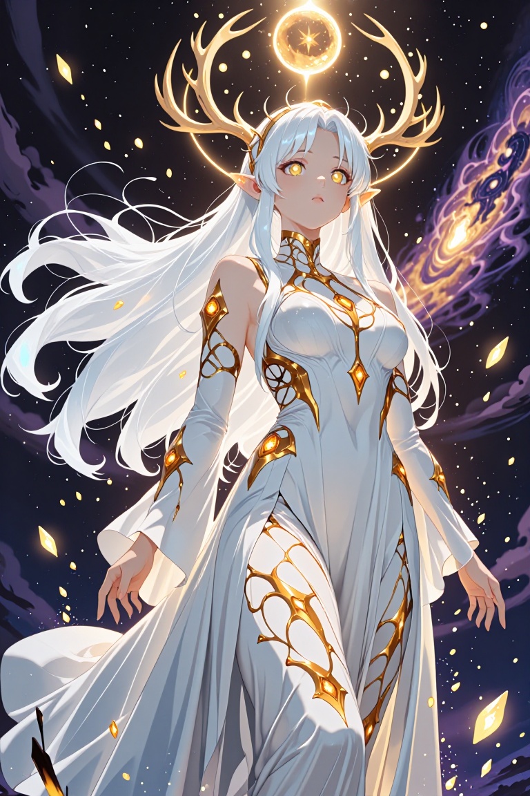 A transcendent elven queen with luminous platinum-white hair flowing like starlight,  standing against a deep cosmic nebul...