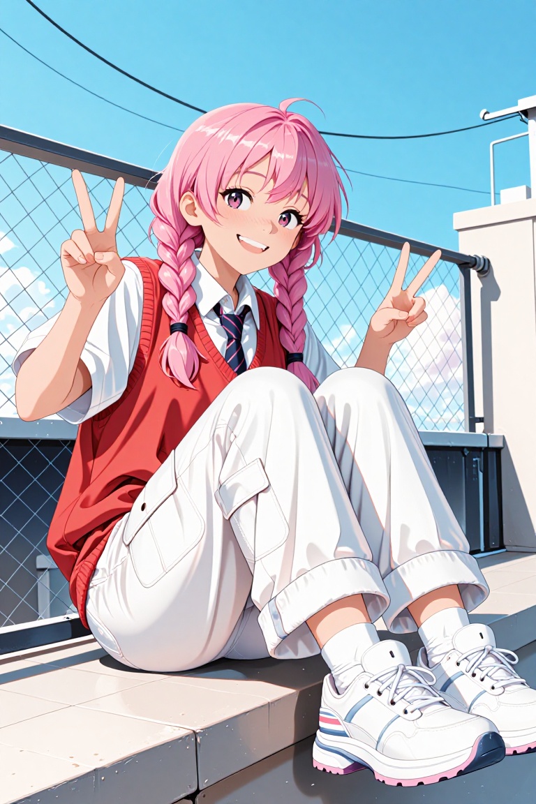 A young woman with vibrant pink hair tied in loose braids sits casually on a rooftop ledge,  flashing peace signs with bot...