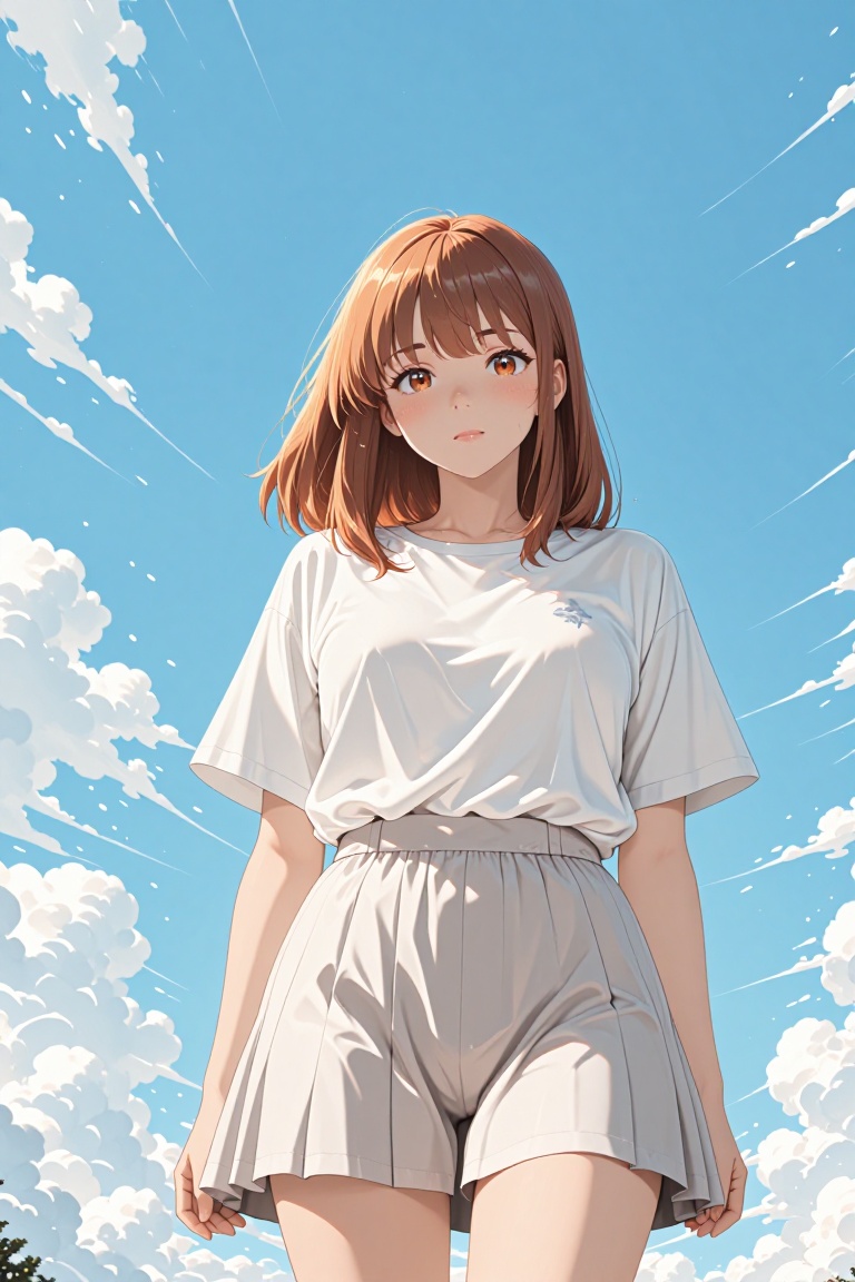 A young East Asian woman with shoulder-length brown hair and bangs,  standing outdoors under a bright blue sky with fluffy...