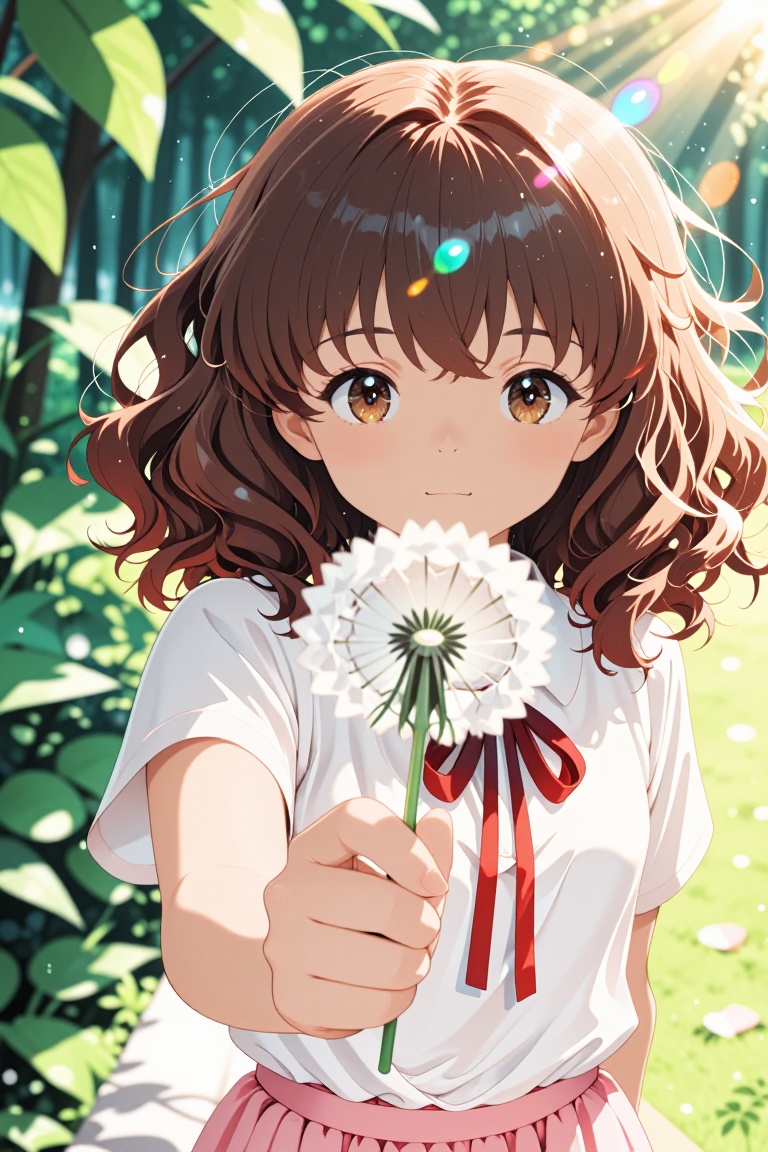 A young girl with curly brown hair and bangs holds a dandelion toward the camera,  eyes softly focused. She wears a white...