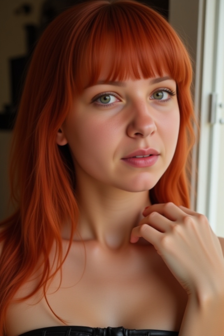 A close-up photo of a lilyaohwx from Poland,  with long red hair and bangs,  wearing a black corset. She has a serene expr...