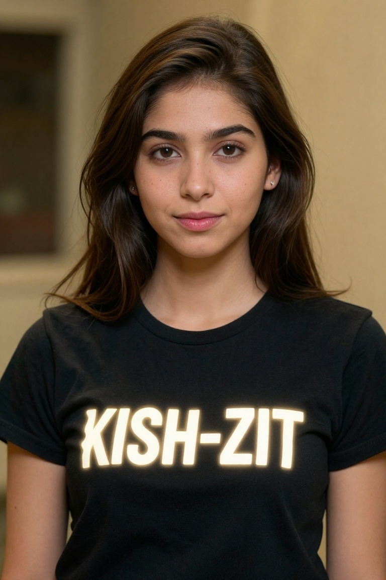 A beautiful 21 year old woman with brown hair,  mid-shot,  a glowing text " KISH-ZIT " writeen on her T shirt on Tensor.Art