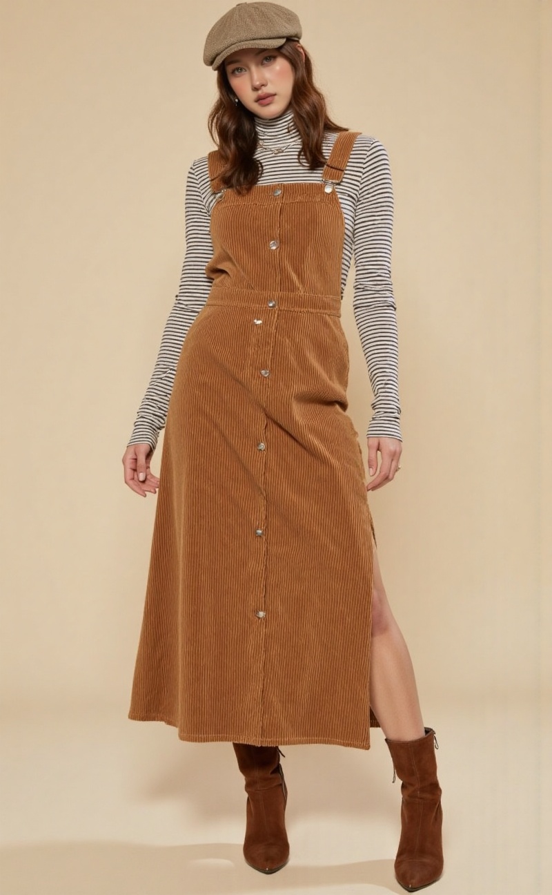 A corduroy jumper dress layered over a striped turtleneck,  paired with brown ankle boots and a newsboy cap. on Tensor.Art