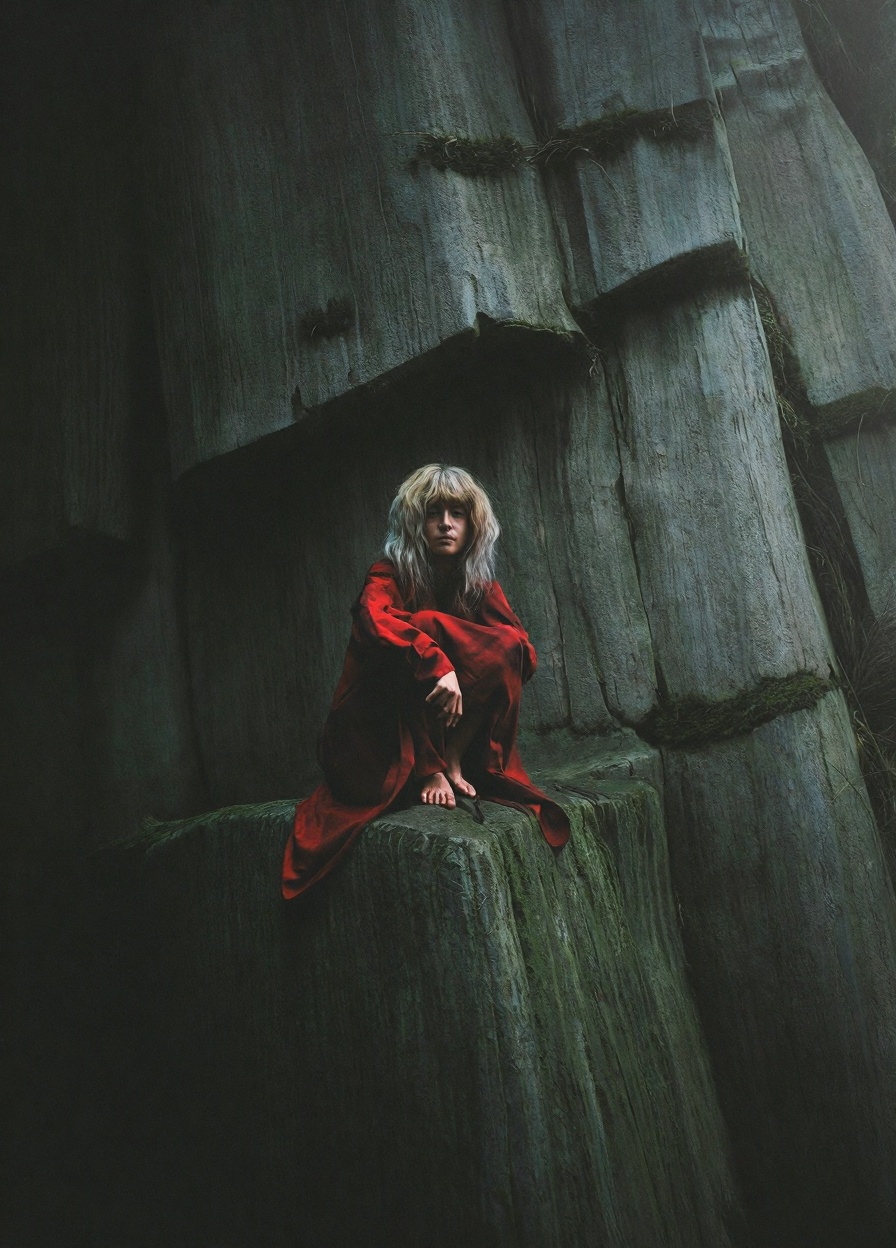 A vertical full-length shot features a young persian person with and long,  disheveled hair with bangs. The subject is pos...