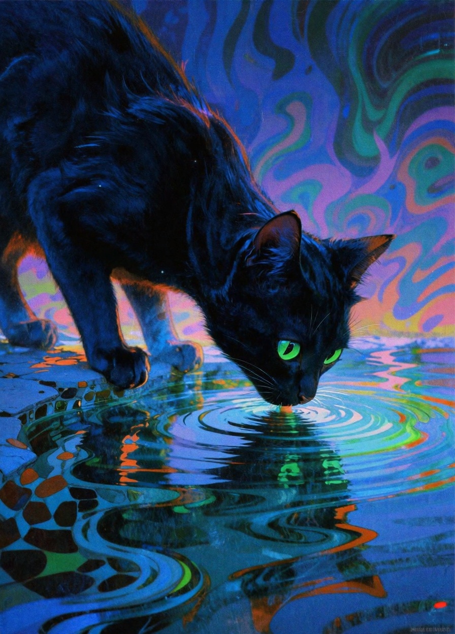 The image is a vibrant,  surreal digital painting featuring a sleek,  black cat drinking from a reflective pool. The cat's...