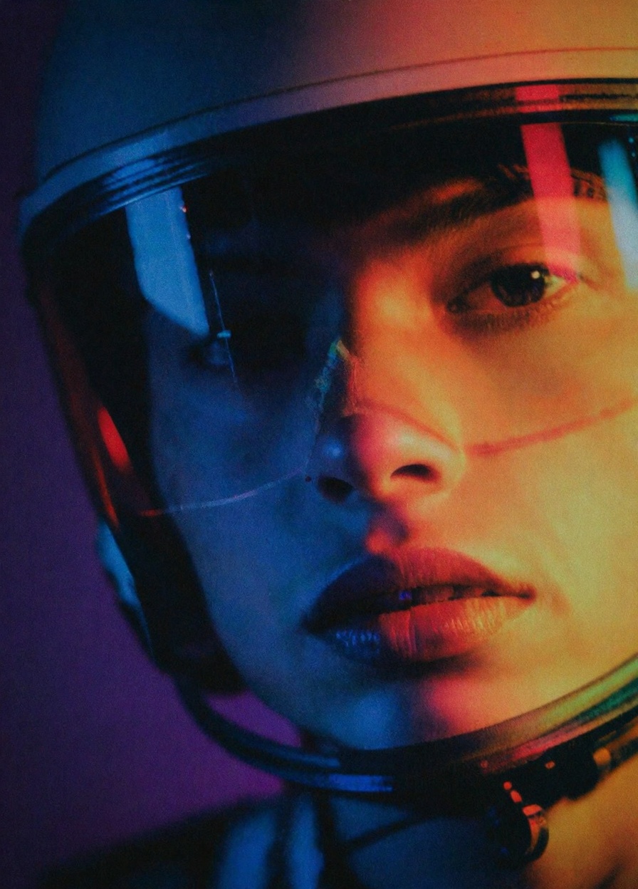 This image is a close-up photograph of a person wearing a helmet,  likely taken from a sci-fi or futuristic film or video...