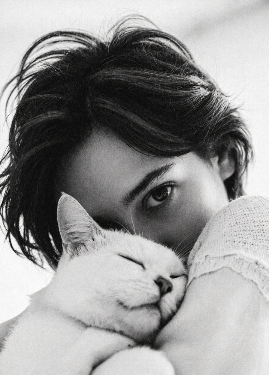 A black-and-white close-up of a person with dark,  tousled hair gently cradling a sleeping cat on their shoulder. The pers...