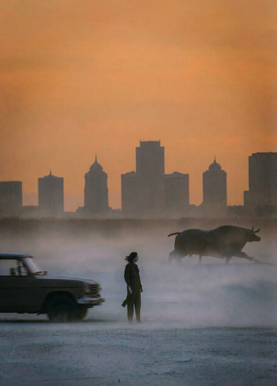 wide shot of a woman standing in a empty metropolitan city skyline that has become a desert,  the theme of the scene is or...
