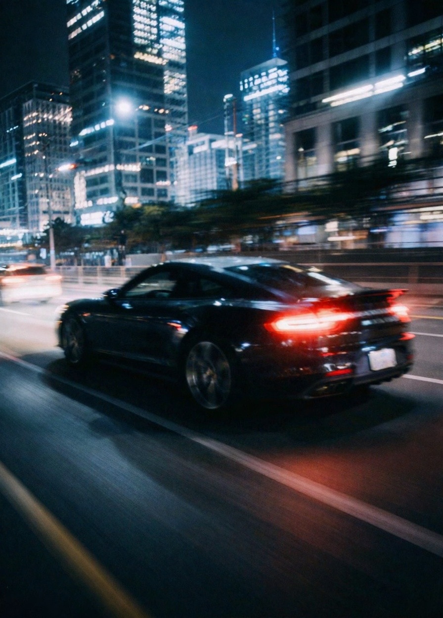 This photograph captures a sleek,  black luxury car,  likely a high-performance model on Tensor.Art