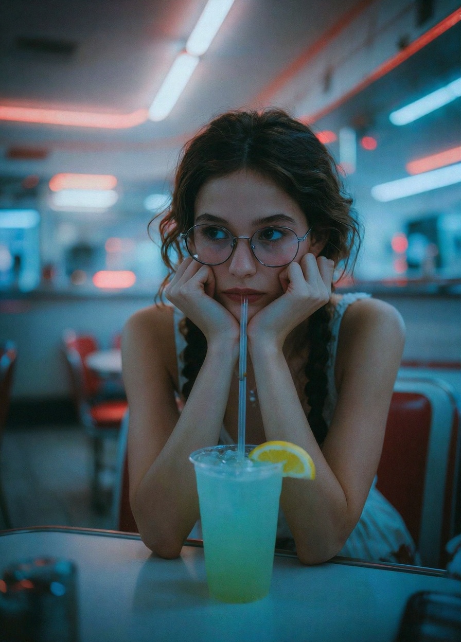 The image is a high-resolution photograph taken in a dimly lit,  retro-style diner. The subject is a young woman with a li...