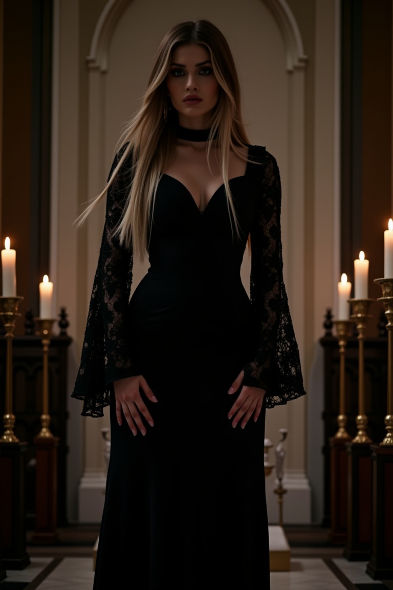 mggs5,  A gothic woman in a black lace dress,  standing in a candlelit cathedral on Tensor.Art
