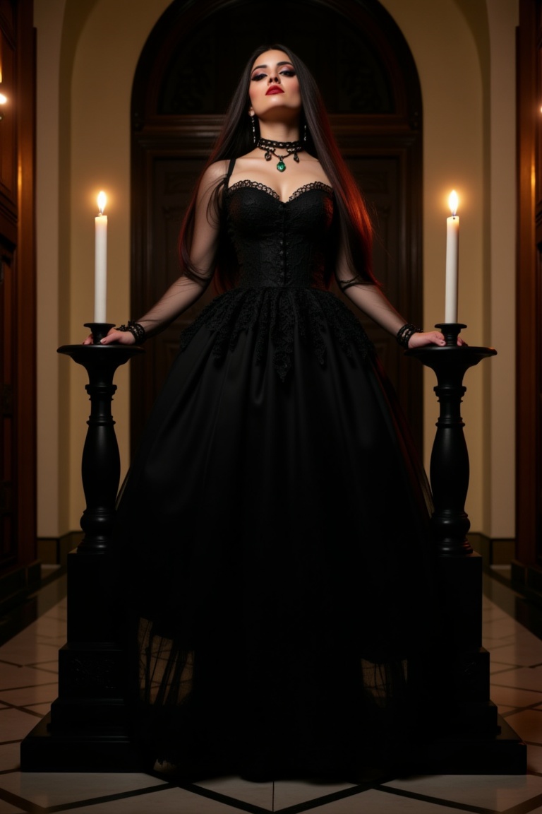 mggs5,  A gothic woman in a black lace dress,  standing in a candlelit cathedral on Tensor.Art