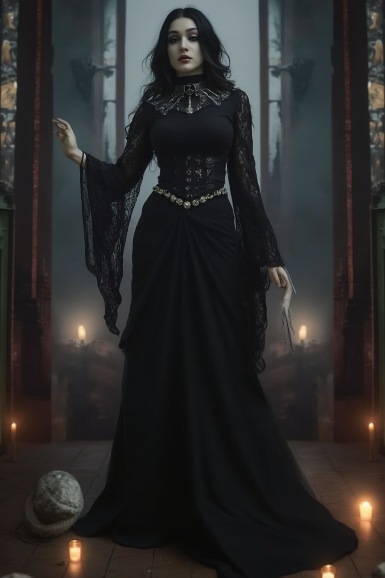 mggs5,  dark gothic style woman,  black lace dress on Tensor.Art