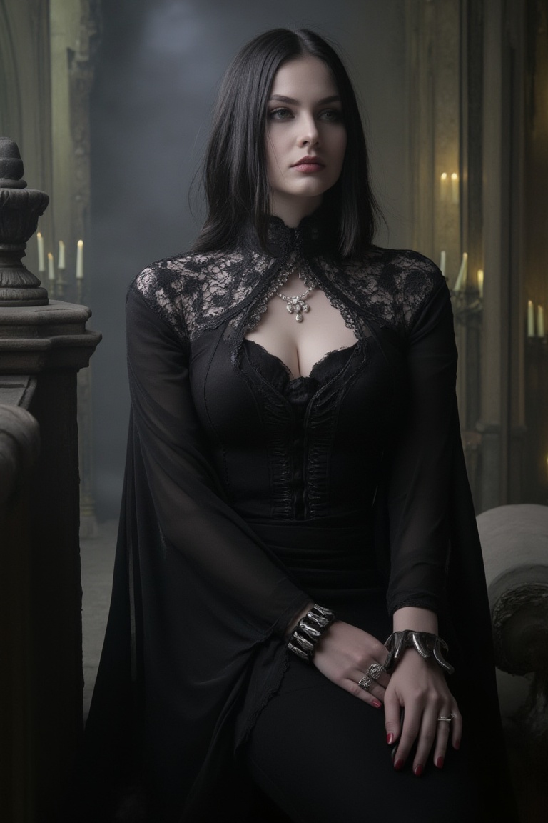 mggs5,  dark gothic style woman,  black lace dress on Tensor.Art