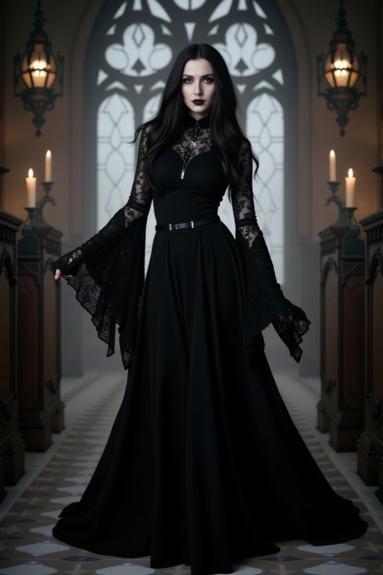 mggs5,  dark gothic style woman,  black lace dress on Tensor.Art
