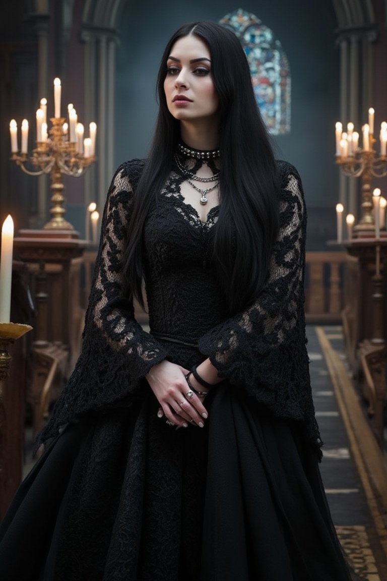 mggs5,  dark gothic style woman,  black lace dress on Tensor.Art