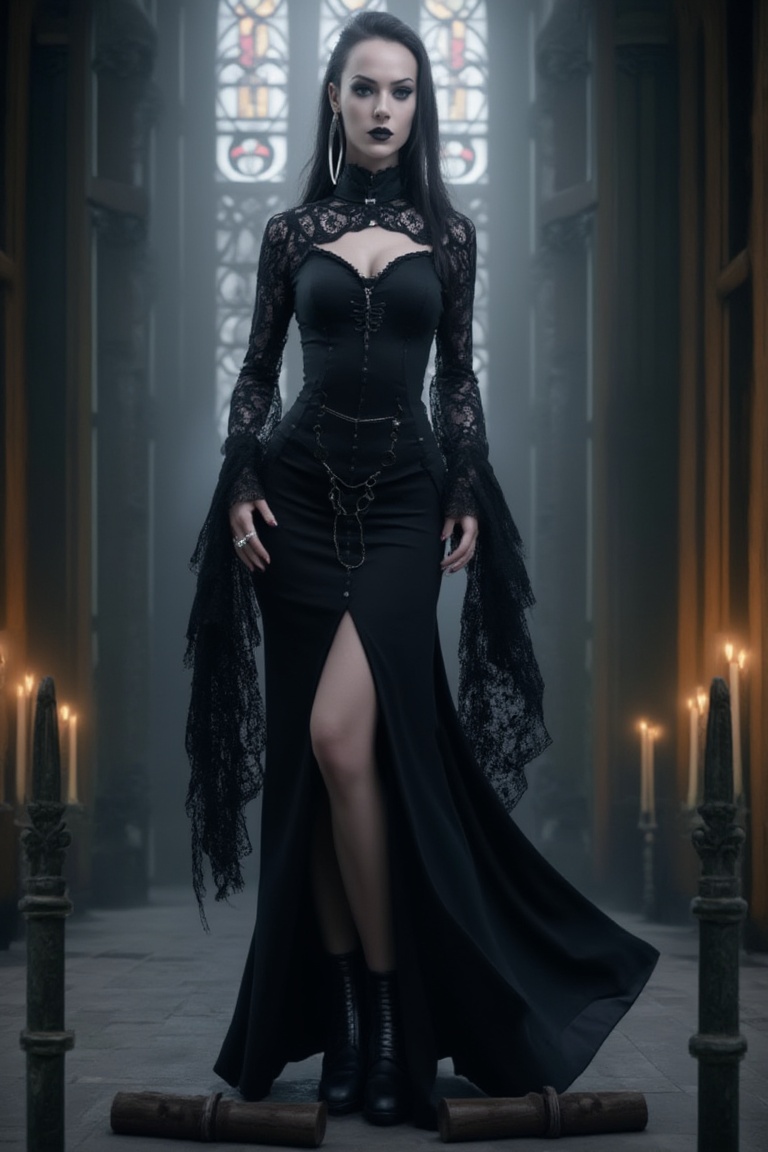 mggs5,  dark gothic style woman,  black lace dress on Tensor.Art