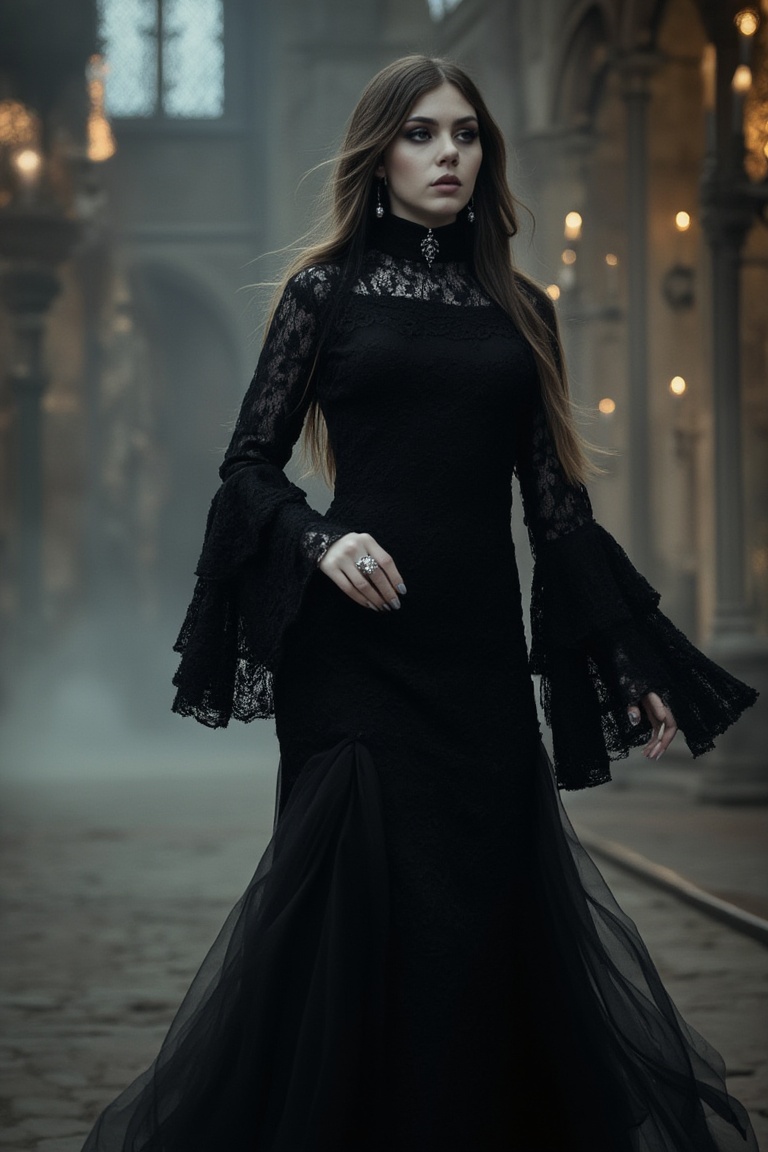 mggs5,  dark gothic style woman,  black lace dress on Tensor.Art