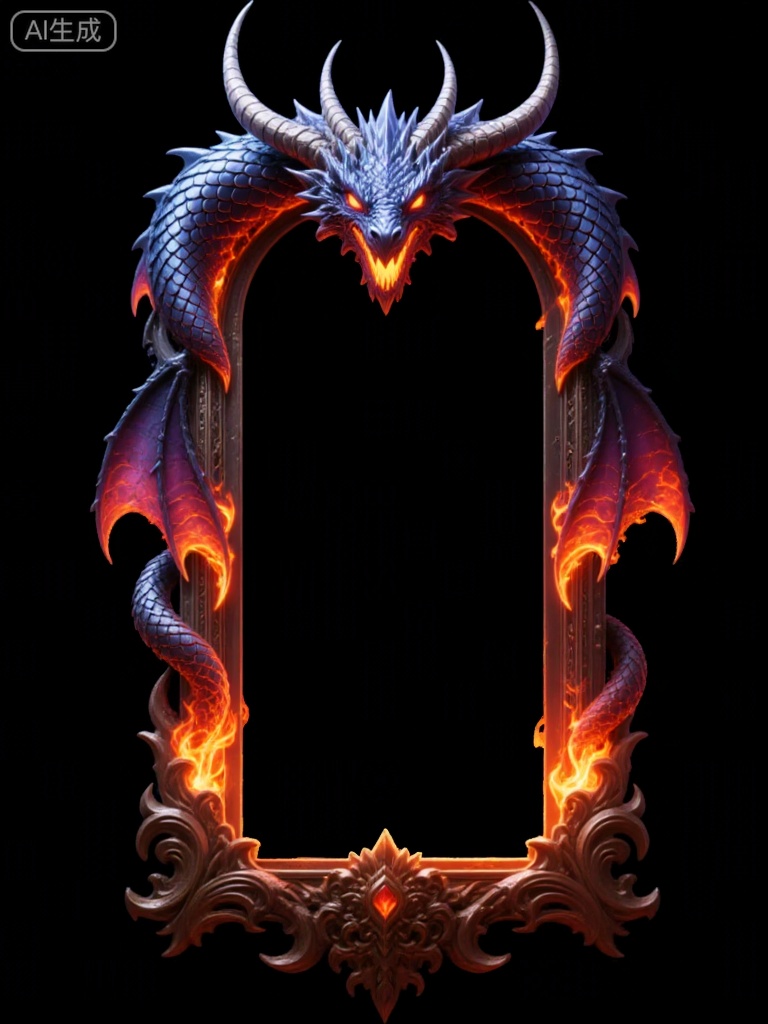 A dragon with glowing red eyes and fiery wings forms an ornate, arched frame. Its body coils around the sides of a tall rectangular opening, surrounded by flames that dance along its scales. At the base is intricate carvings adorned with a central gemstone. The entire design exudes power and majesty against a black background.