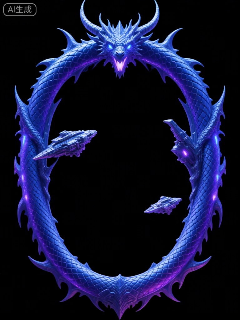 A glowing blue and purple dragon with sharp horns and bright eyes forms a frame around the image. Two futuristic spacecraft are positioned inside this frame, one near the top right corner and another at the bottom left. The design has an otherworldly, sci-fi aesthetic against a black background.

Translation: A luminous blue and purple dragon adorned with pointed horns and radiant eyes creates a framing border for the scene. Two advanced spaceships hover within its embrace—one located in the upper-right quadrant and another nestled toward the lower-left—set against a stark black backdrop that enhances their cosmic allure. This composition exudes a fantastical, science-fiction ambiance.