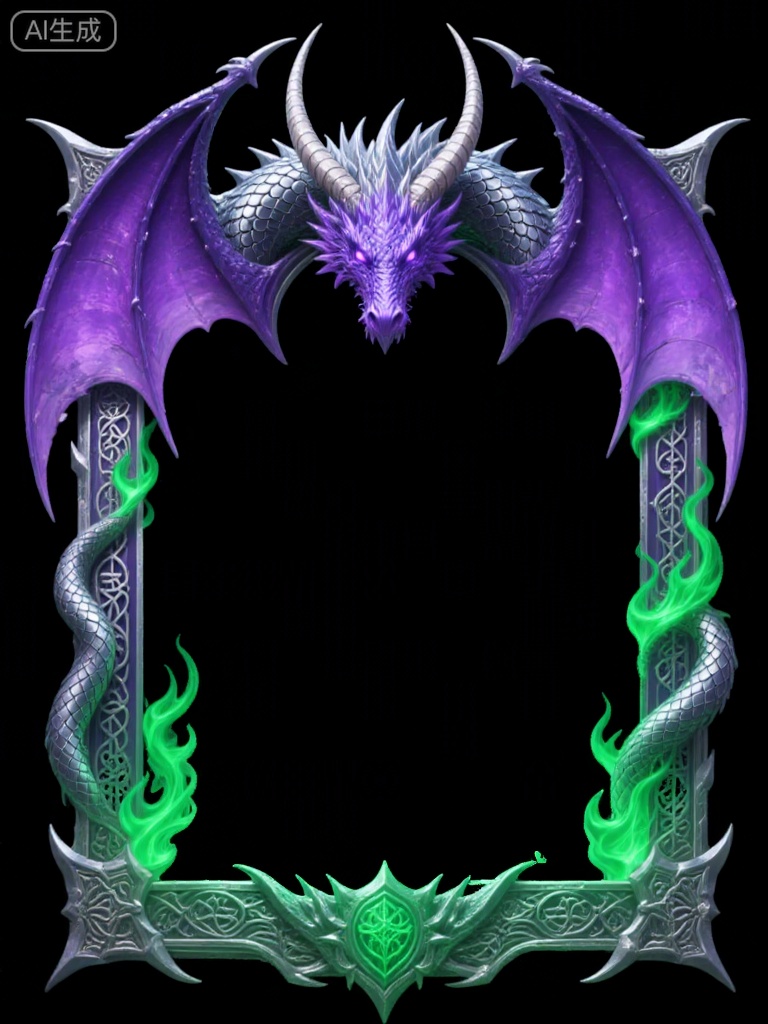 A purple dragon is decorated with silver scales and shining emerald flames, surrounding an elaborate transparent frame. Its outstretched wings are above, and its majestic head hovers in a black area below. Complex Celtic knot patterns decorate the edges of the frame, enhancing its magical aura.
