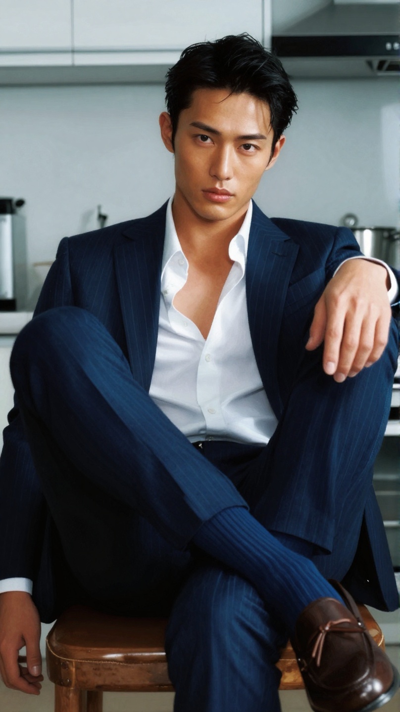 Ultra-realistic cinematic close up portrait of a gorgeous young japanese man ,  sits confidently in a modern kitchen. He w...