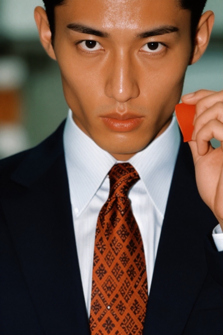 A striking close-up shot of a young japanese asian man,  dressed in formal suit and Burnt Orange Medallion Tie: A silk tie...