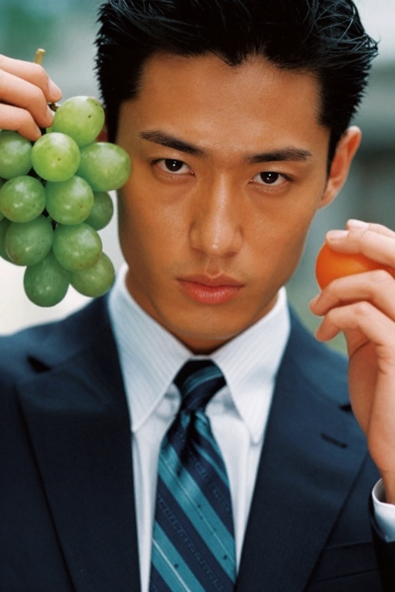 A striking close-up shot of a young japanese asian man,  dressed in formal suit and teal striped Tie: A silk tie i featuri...