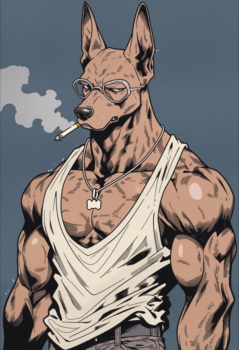 This anthro-style illustration depicts a powerfully built,  muscular Doberman with a stoic and slightly menacing expressio...