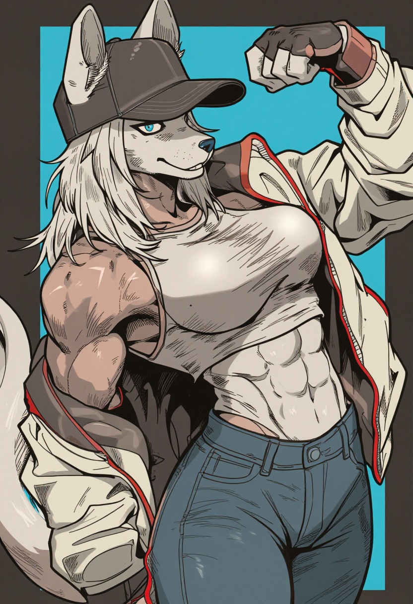 beautiful woman,  An anthro-style illustration depicts a confident,  muscular canine character with sleek white fur and st...