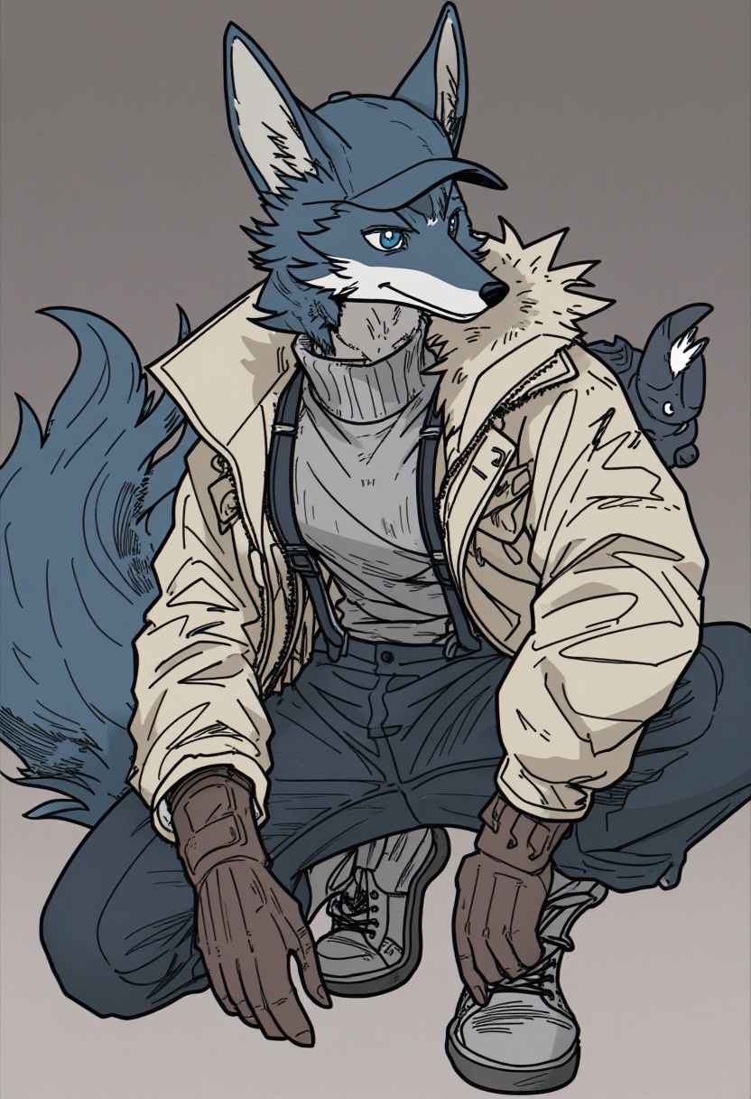 An anthro-style illustration depicts a poised,  fox-like character with sleek blue-gray fur and striking blue eyes,  crouc...