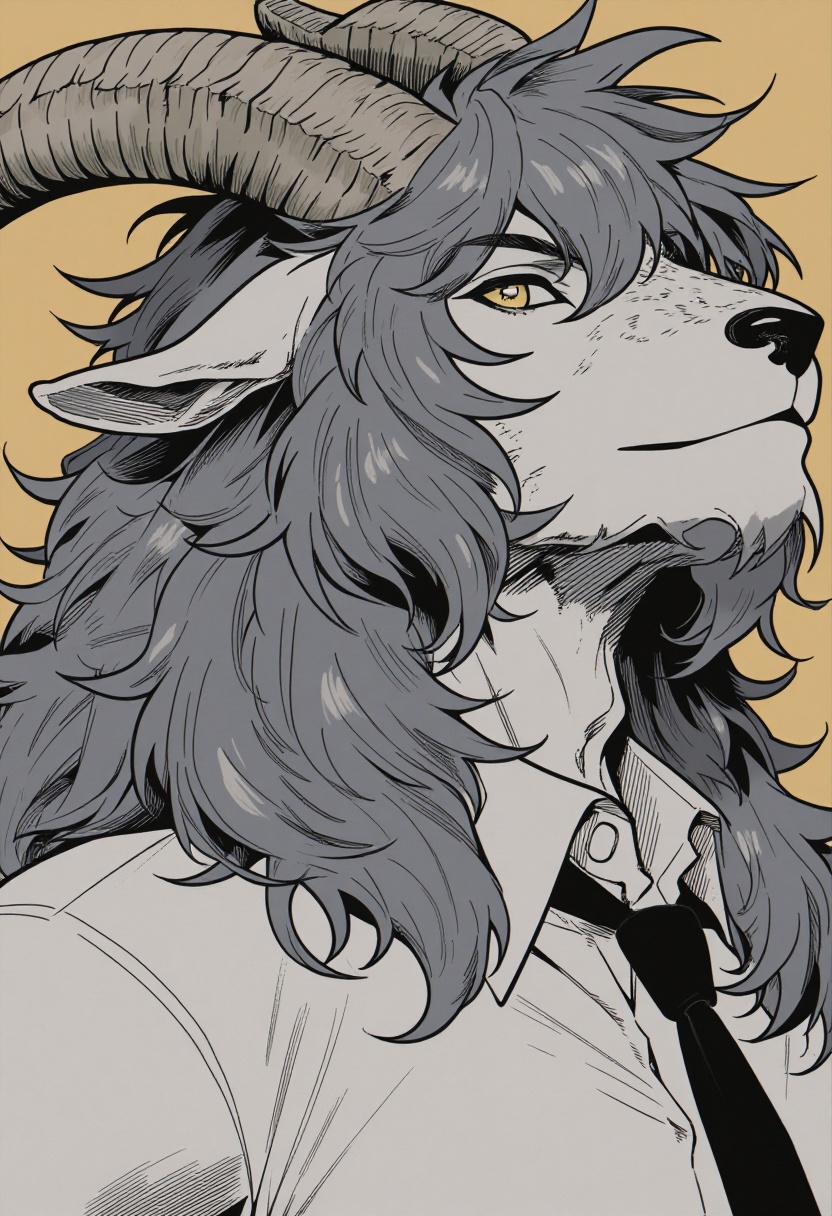 This anthro-style illustration features a majestic,  humanoid goat character with prominent curved horns and a thick,  tex...