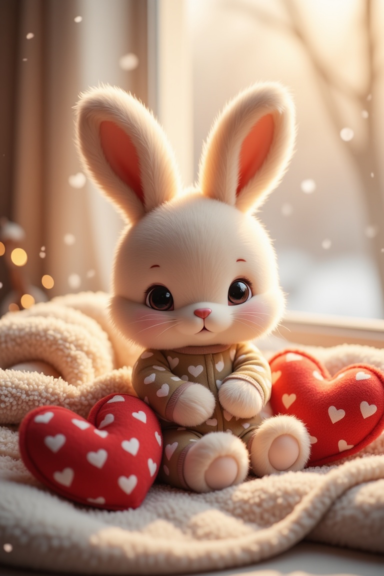 AnnRin_CozyBunny,  cute plush bunny sitting on a soft blanket with heart pillows,  cozy winter atmosphere on Tensor.Art