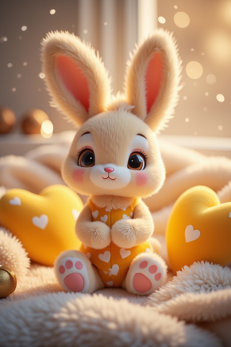 AnnRin_CozyBunny,  cute plush bunny sitting on a soft blanket with heart yellow pillows,  cozy winter atmosphere on Tensor...