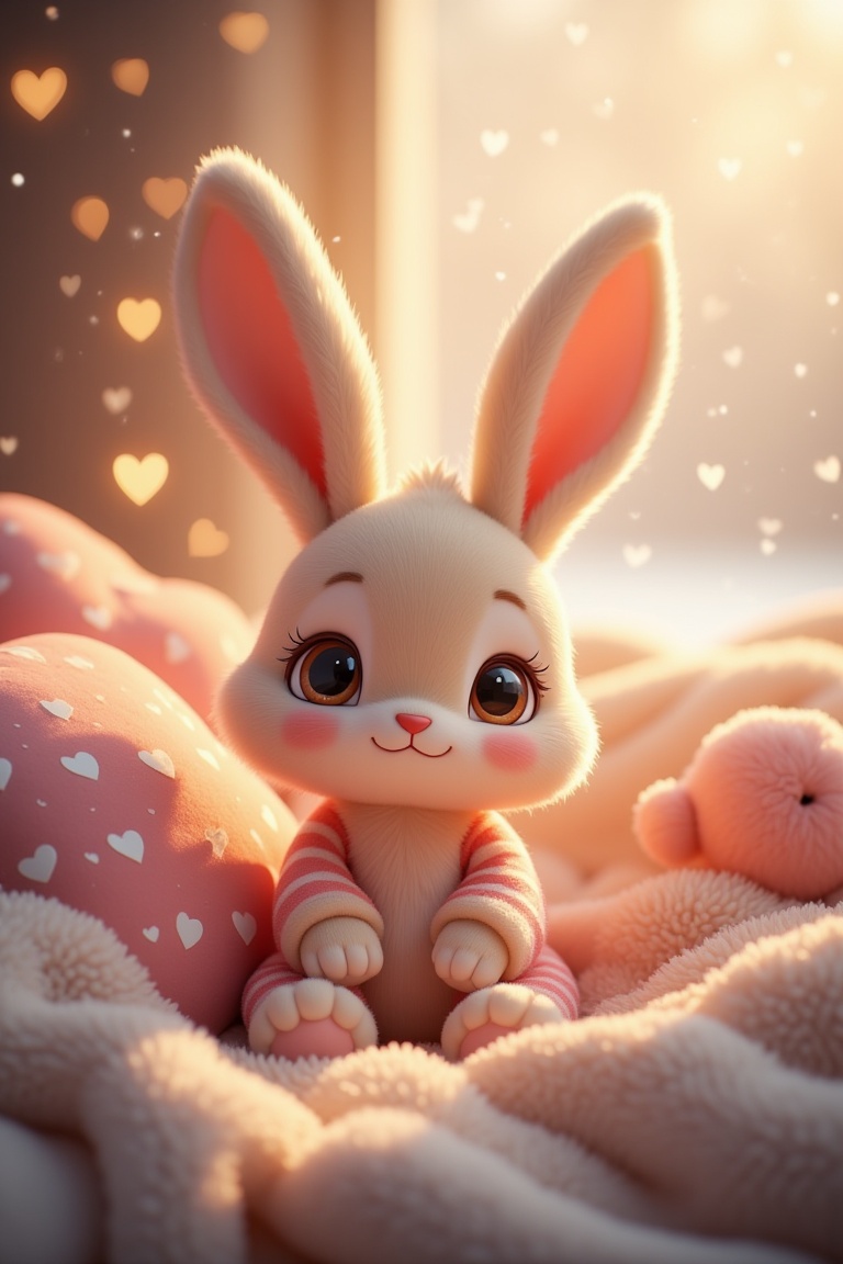 AnnRin_CozyBunny,  cute plush bunny sitting on a soft blanket with heart pillows,  cozy winter atmosphere on Tensor.Art
