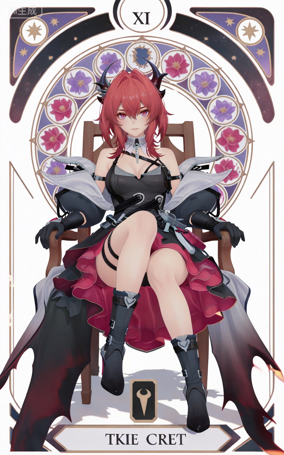 depth of field,masterpiece,best quality,very aesthetic,alternate costume,alternate costume,2024,2023,perfect composition,ultra-detailed,extreme aesthetic,masterpiece,best quality,good quality,newest,year 2024,year 2023,very aesthetic,absurdres,looking_at_viewer,colorful,,red hair,long hair,demon horns,purple eyes,red eyes,slit pupils,hair between eyes,hair intakes,laiwanting chest strap,laiwanting detached collar,laiwanting balck and red dress,laiwanting detached sleeves,laiwanting puffy sleeves,laiwanting high heel boots,laiwanting elbow gloves,laiwanting single glove,laiwanting thigh strap,laiwanting off shoulder dress,1girl,solo,full body,breasts,looking at viewer,bare shoulders,white background,cleavage,simple background,closed mouth,medium breasts,sitting,chair,
art nouveau,traditional media,flower,xiamu,(tarot (medium):1.2),day,shadow,