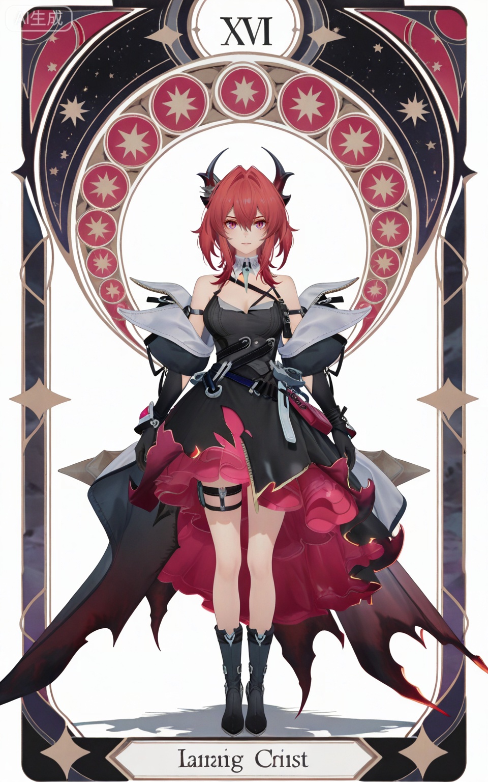 depth of field,masterpiece,best quality,very aesthetic,alternate costume,alternate costume,2024,2023,perfect composition,ultra-detailed,extreme aesthetic,masterpiece,best quality,good quality,newest,year 2024,year 2023,very aesthetic,absurdres,looking_at_viewer,colorful,,red hair,long hair,demon horns,purple eyes,red eyes,slit pupils,hair between eyes,hair intakes,laiwanting chest strap,laiwanting detached collar,laiwanting balck and red dress,laiwanting detached sleeves,laiwanting puffy sleeves,laiwanting high heel boots,laiwanting elbow gloves,laiwanting single glove,laiwanting thigh strap,laiwanting off shoulder dress,1girl,solo,full body,breasts,looking at viewer,bare shoulders,white background,cleavage,simple background,standing,closed mouth,medium breasts,
art nouveau,traditional media,flower,xiamu,(tarot (medium):1.2),day,shadow,